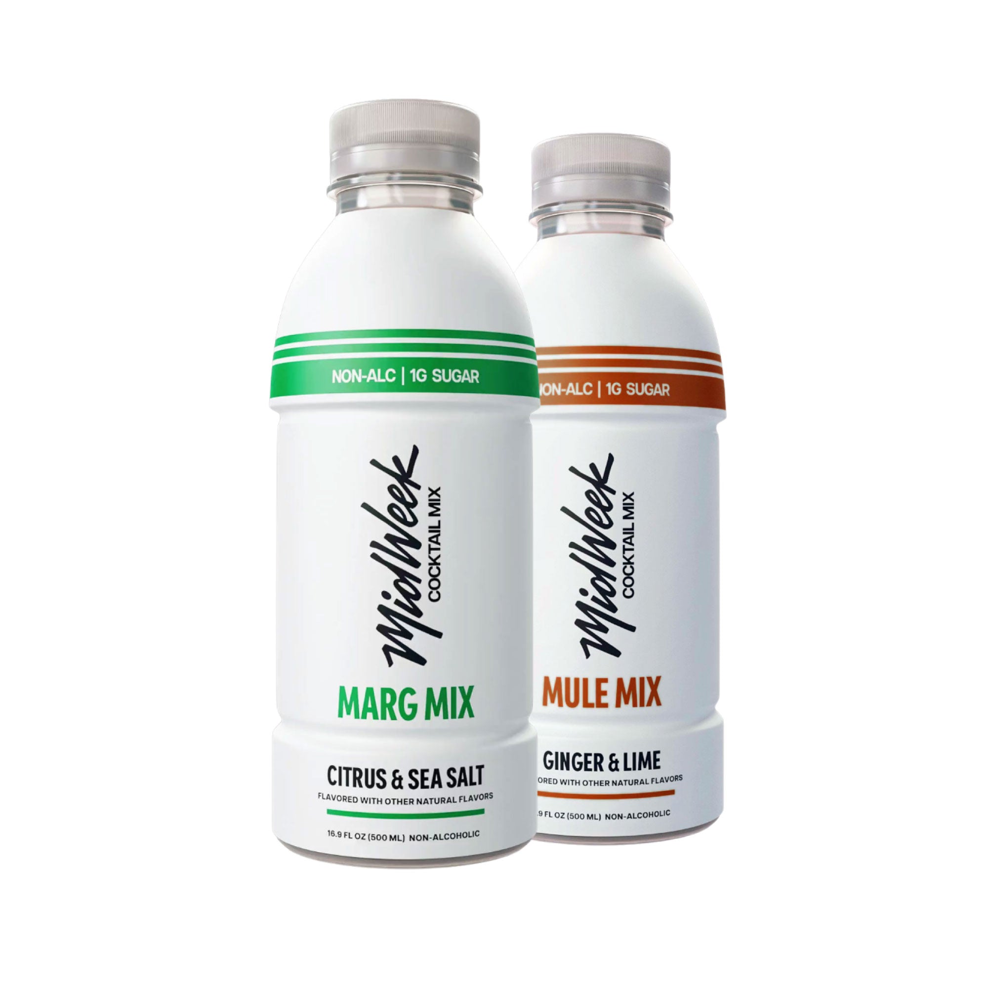 Two MidWeek Cocktail Mix bottles on a white background, one labeled Marg Mix and the other Mule Mix.