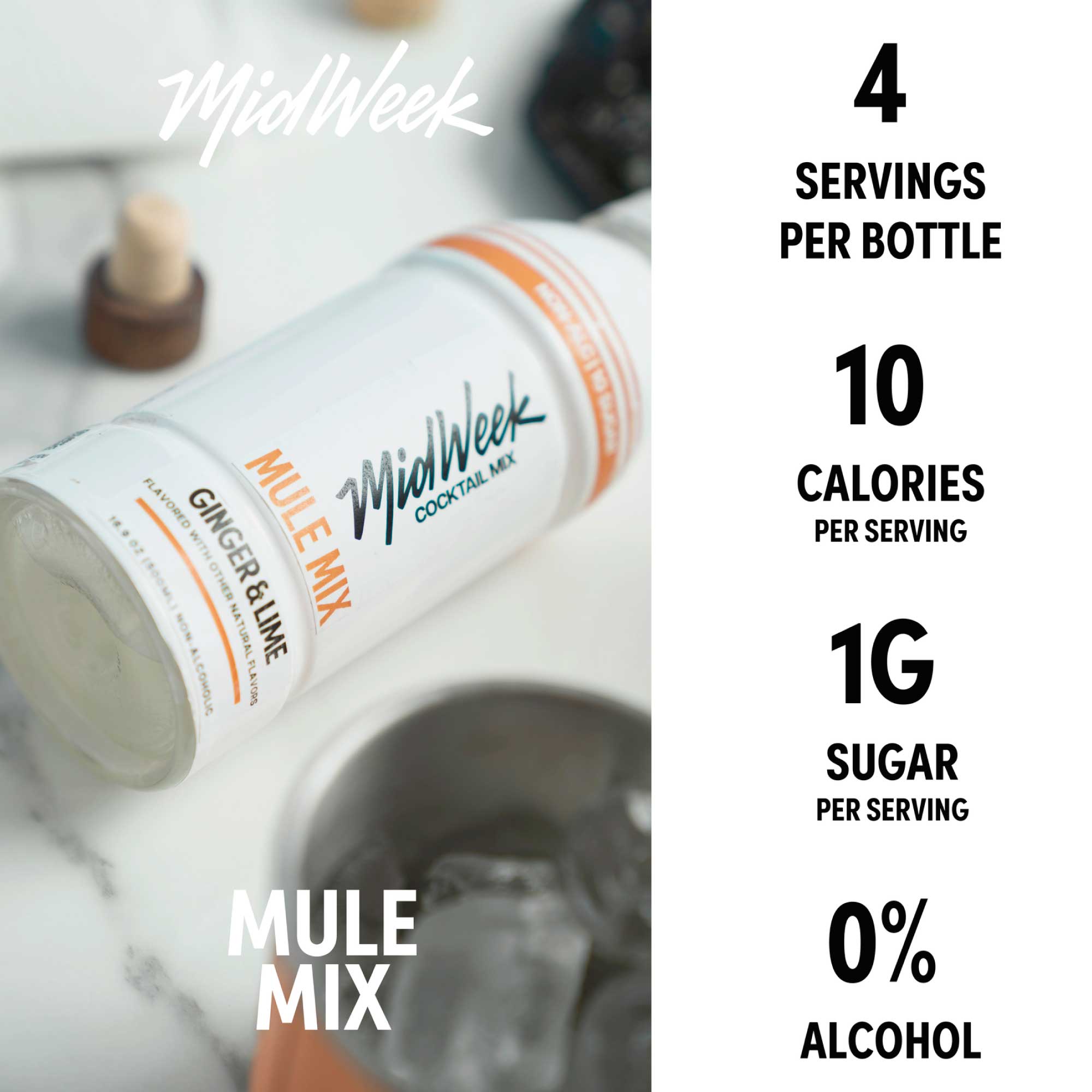 MidWeek Mule Mix bottle with nutritional information on a white background