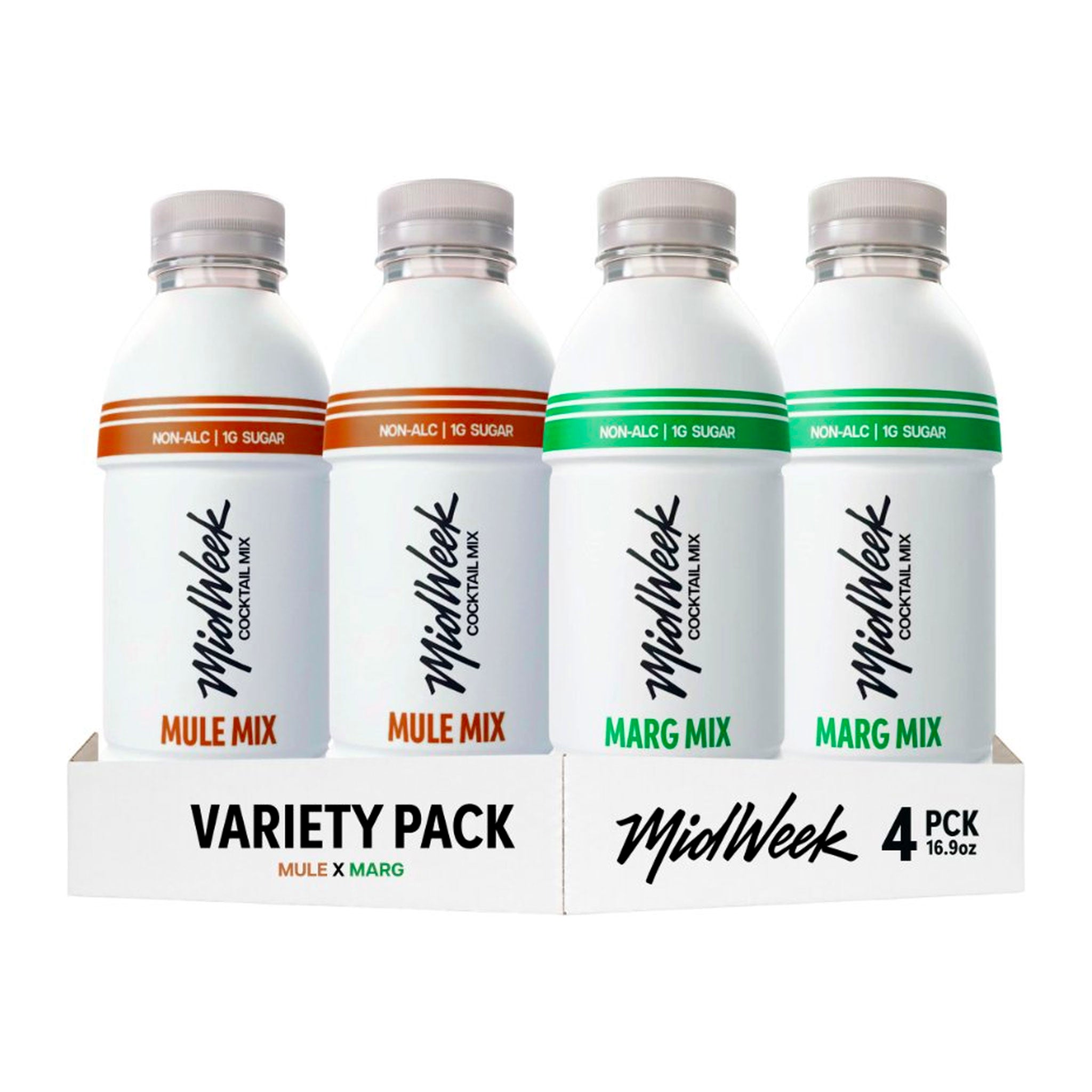 Four white MidWeek cocktail mix bottles arranged in a variety pack display, with two Mule Mixes and two Marg Mixes, on a white background.